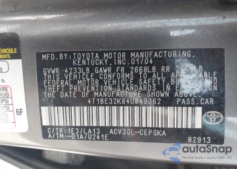 2004 Toyota Camry Xle from USA, damaged, VIN 4T1BE32K84U849362